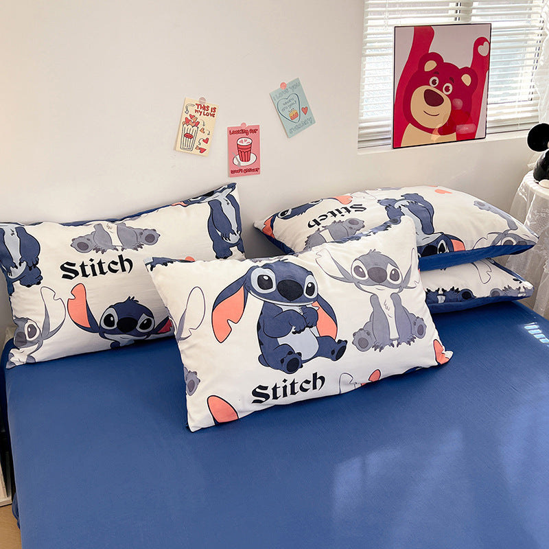 4-piece Stitch bedding set including duvet cover, flat sheet, and 2 pillowcases with cute character designs for bedroom decor.