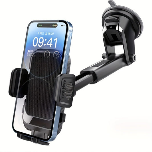 Universal car dashboard phone holder with adhesive gel pad and suction cup bracket for vehicles. Made of PVC material.