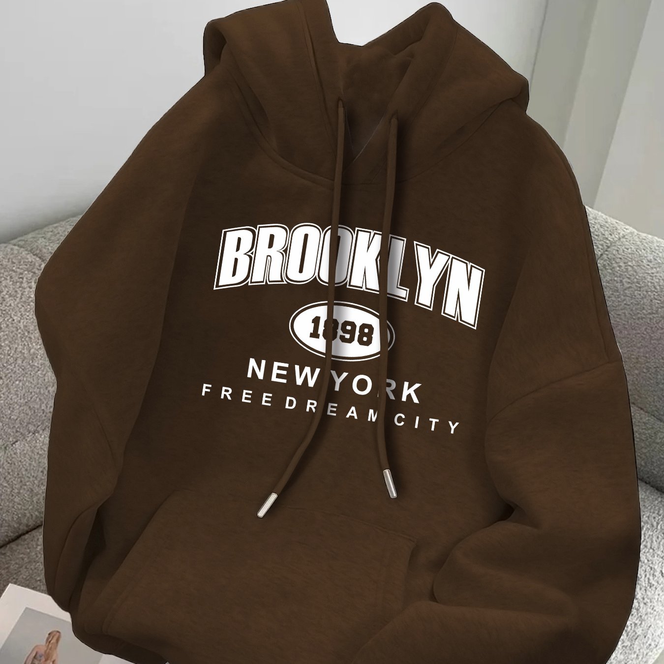 BROOKLYN 1989 FREEDOM CITY Print Men's Drawstring Long Sleeve Hoodie Sweatshirt with Kangaroo Pocket for Daily Wear.