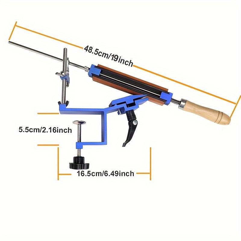 Electricity is not needed for this manual fixed angle knife sharpener. It features a rotatable adjustable angle, clamping workbench support, and a diamond quick cutting edge for sharpening. Made of metal material with medium grit, this sharpener provides