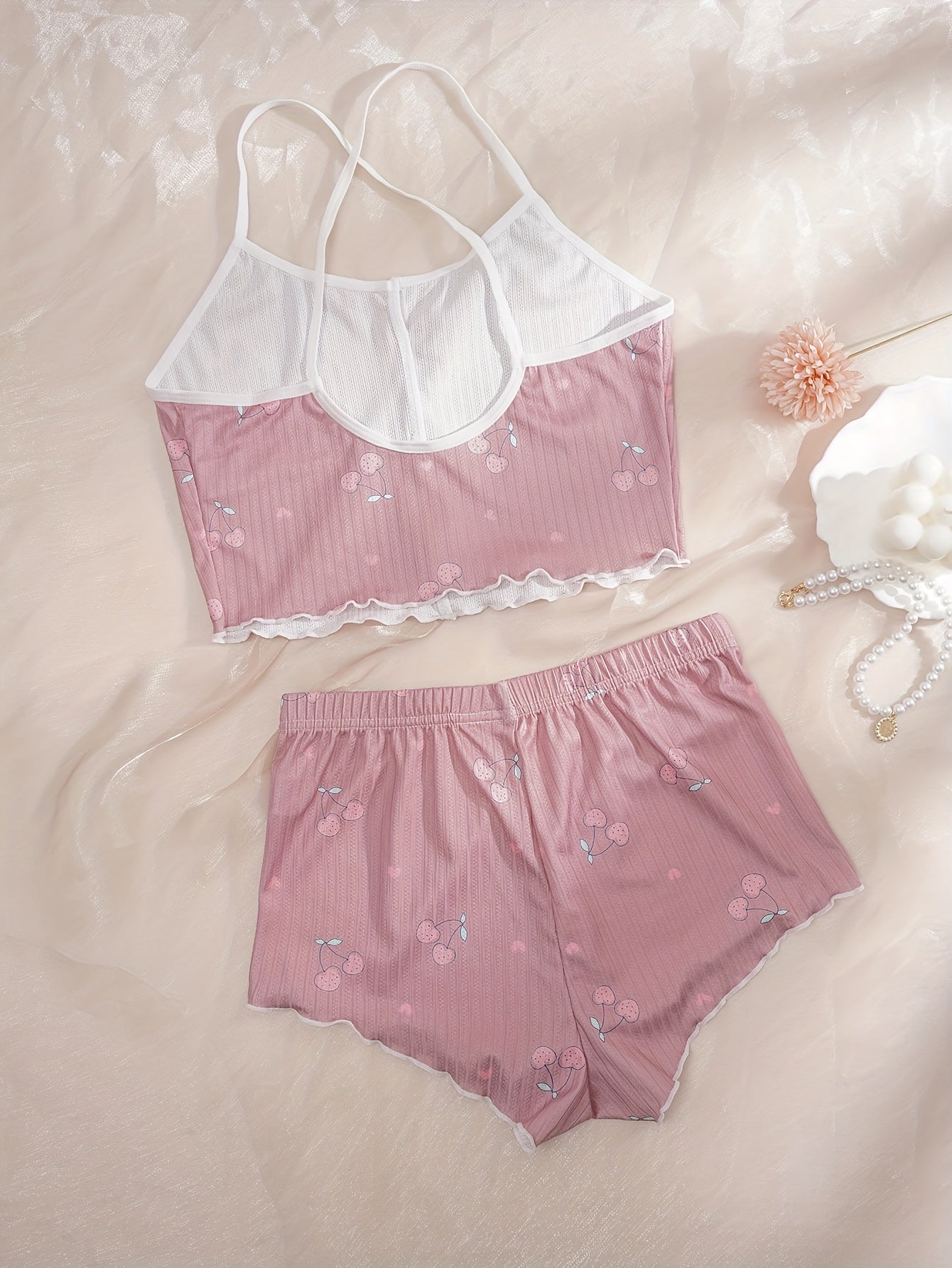 Heart print bow knot pajama set for Valentine's Day, including crop cami top and elastic shorts for women's sleepwear.