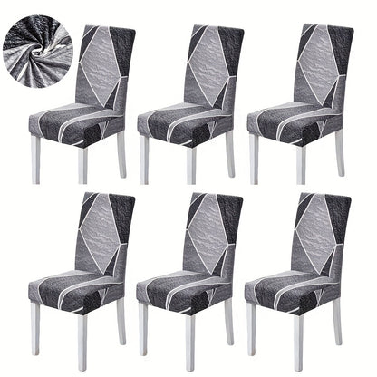 Contemporary geometric chair slipcovers in black and white. Stretchable, dustproof, lightweight fabric. Ideal for home, hotel, or restaurant decor. Easy care, machine washable. Set of 4 or 6.