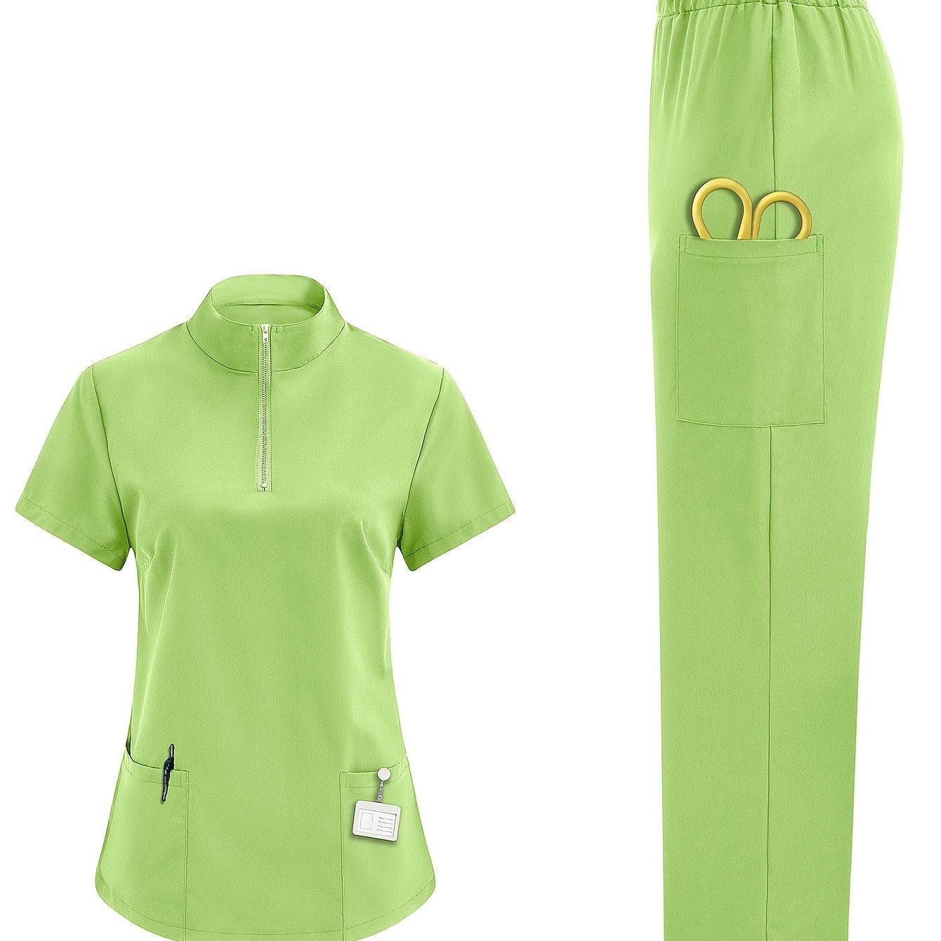 Women's breathable healthcare uniform with solid color polyester scrubs for medical professionals, featuring high neck, pockets, and suitable for all seasons.