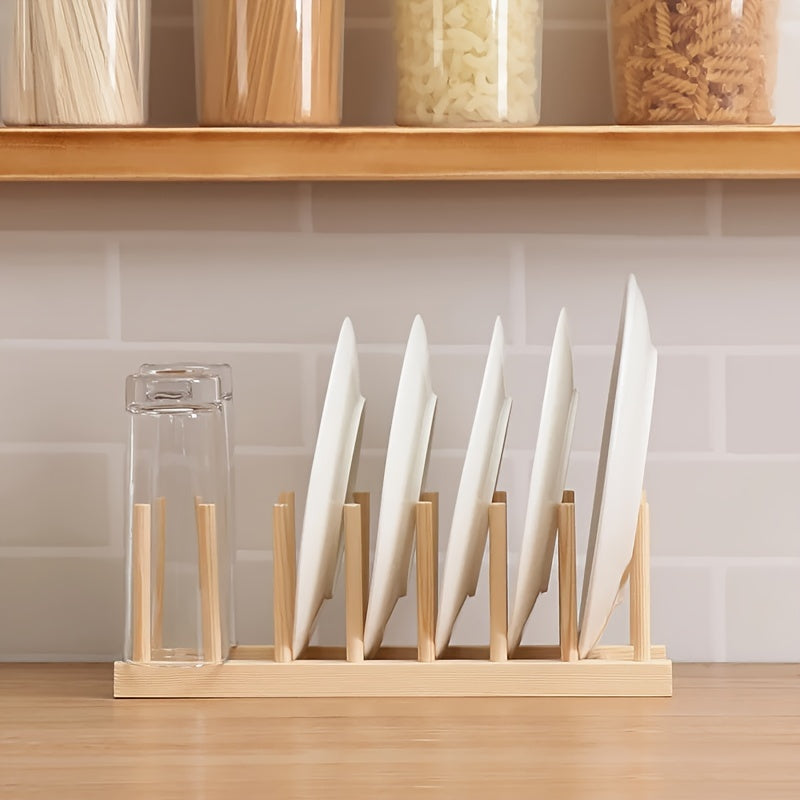 Wooden Dish Rack with Draining System - High-Quality Functional Woodware for Organizing Plates, Cups, and Utensils in the Kitchen, Space-Saving Design with Natural Wood Finish.