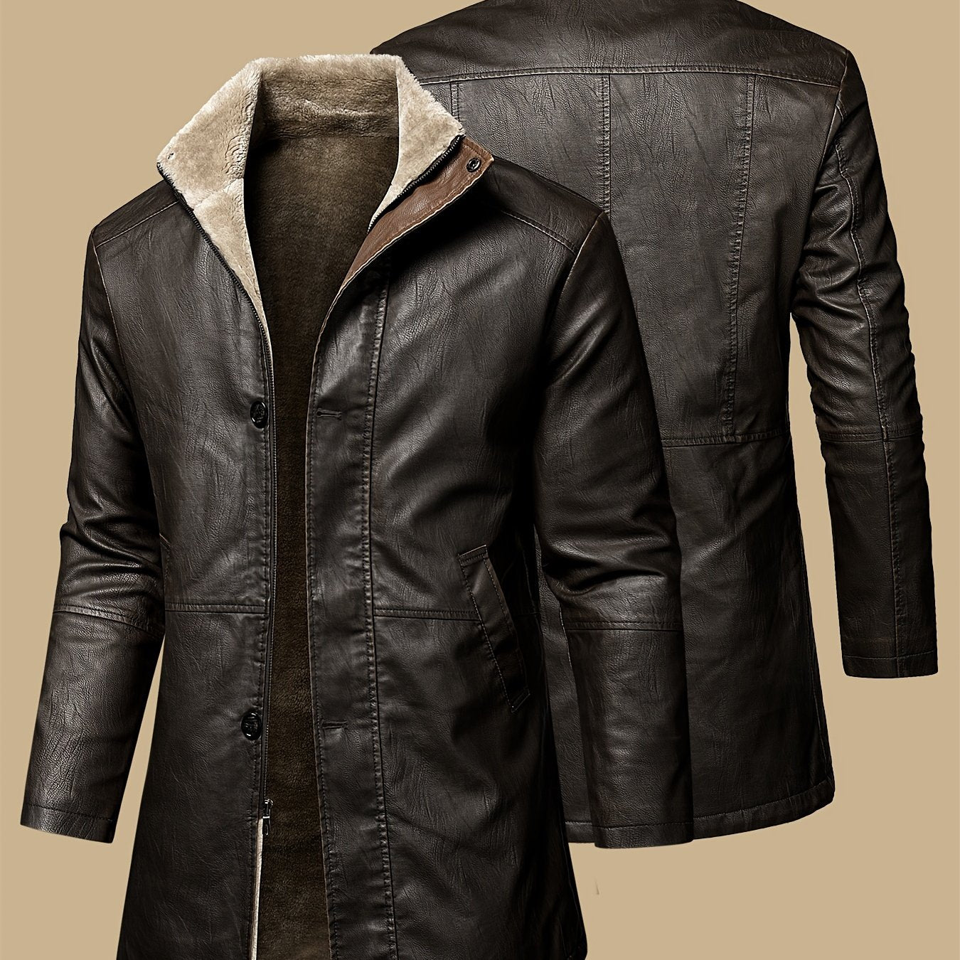 Men's distressed PU leather jacket with fleece lining, multiple pockets and windproof design.