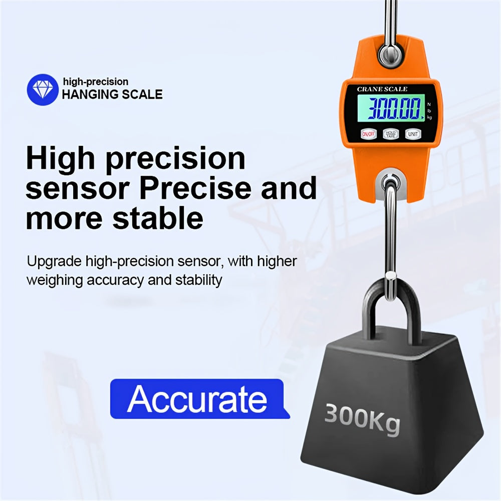 The Industrial Portable Digital Crane Scale features a 300kg precision, stainless steel hook, and LCD display for accurate weight measurement in Kg/Lb/N. Ideal for heavy-duty industrial use.