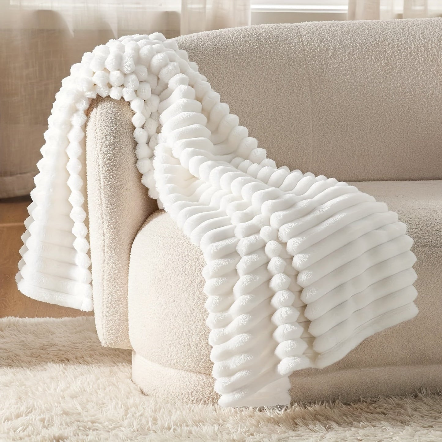 Luxurious Lightweight Fleece Throw Blanket in July - Soft, Cozy, White Striped Flannel Ideal for Couch or Bed, All-Season Comfort, Made with 100% Polyester, Perfect Throw Blanket for the Couch.