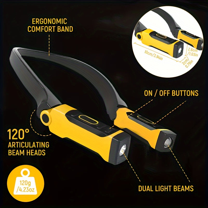 USB-powered LED neck light with bendable arms, 2 brightness levels, dimmable button control, and 500mAh lithium battery. Suitable for reading, camping, and repairing. Made of plastic material with downlighting feature. Includes USB cable.