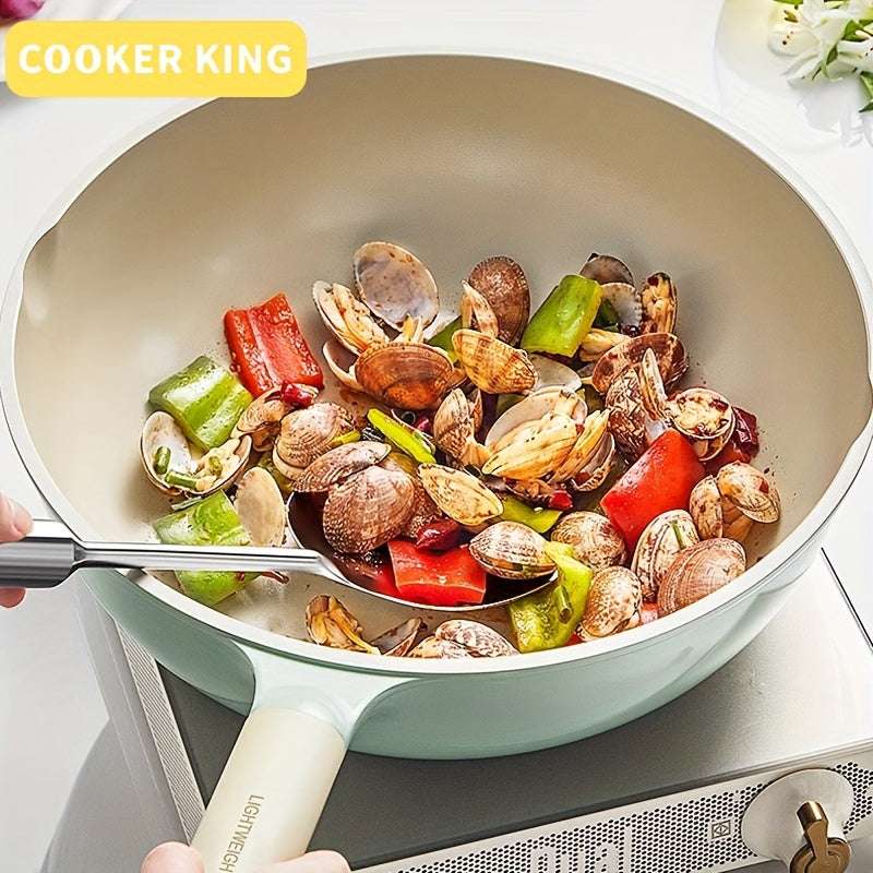 The Cooker King Nonstick Ceramic Saute Pan is available in 28, 30, and 32cm sizes. This healthy jumbo cooker is induction compatible and free of PFOA and PFAS. It comes with a lid and features a non-toxic, deep frying skillet design. The stay cool handle