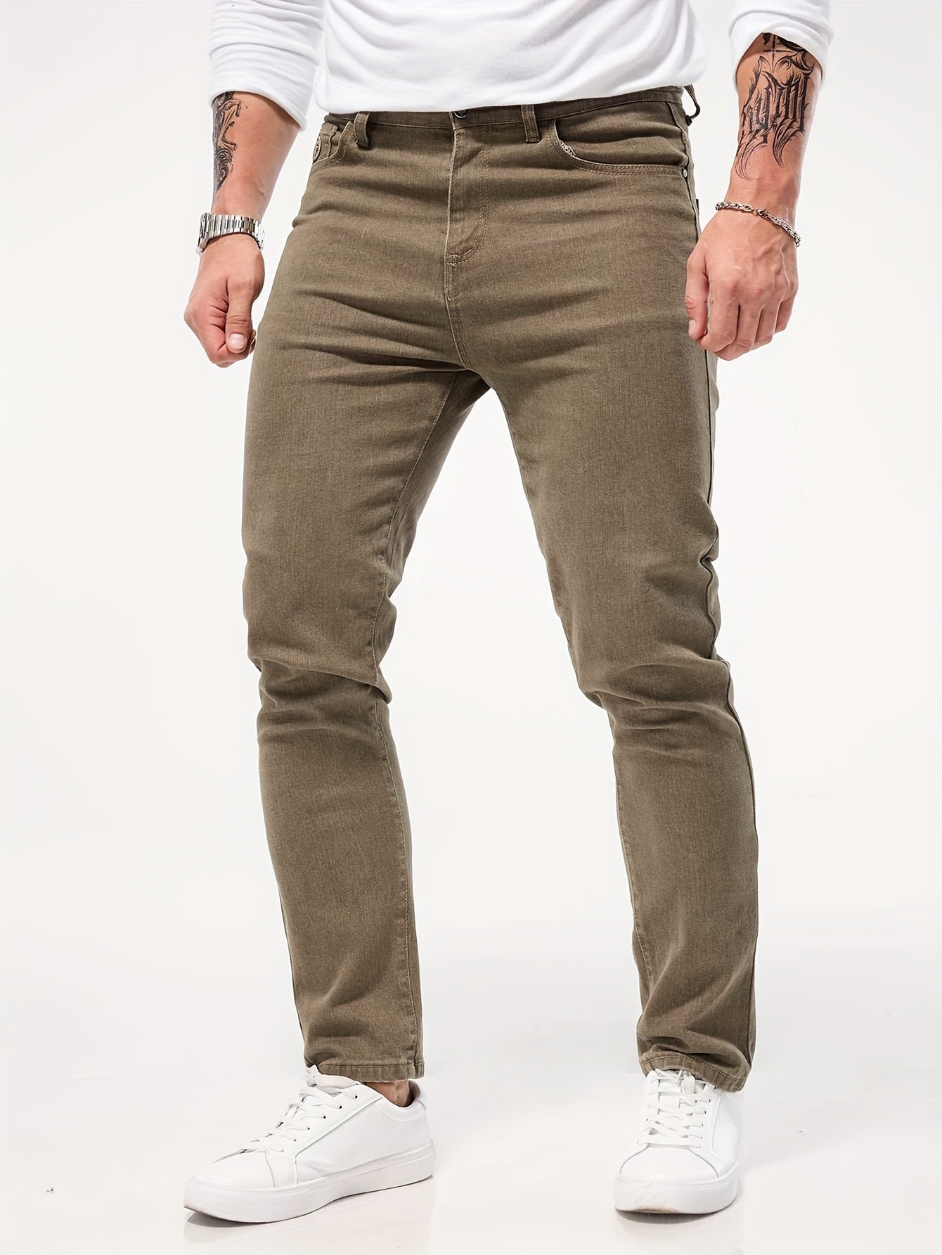 Button closure, stretch denim, solid color men's slim fit straight-leg jeans, all-season casual style trousers.