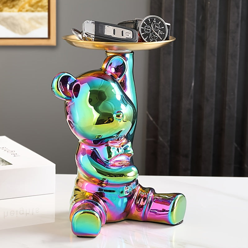 Ceramic bear figurine with metal tray - modern home decor and key organizer.