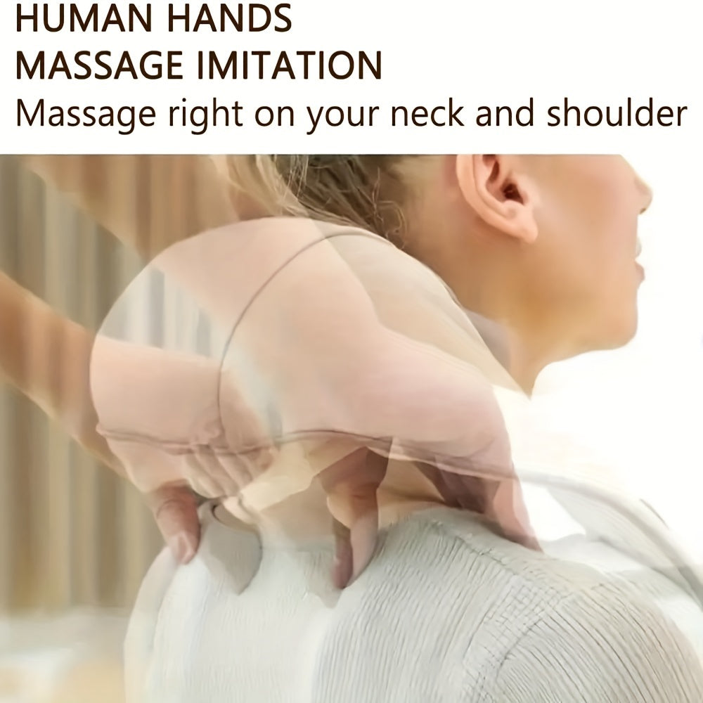 Cordless neck and shoulder massager provides deep muscle relaxation with human hand-like massage, heating and kneading functions.