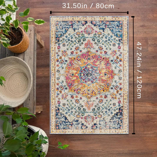 Elegant Bohemian Vintage Floral Area Rug - Resists Stains & Dust, Easily Machine Washable, Ideal for Enhancing Home Decor, Entryways, and Gifting