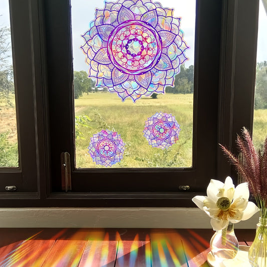 Contemporary Style Sticker for Home & Bathroom Decor - Reusable PVC Dual-Sided Electrostatic Window Cling Featuring a Colorful Purple Mandala Design