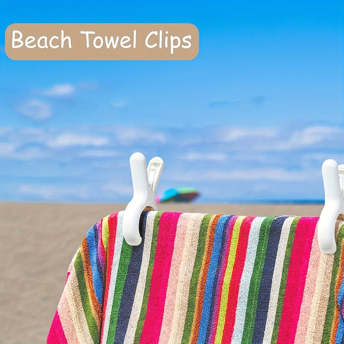 Keep your towels, clothes, and blankets secure and dry with this set of 12 beach towel clips. Featuring strong anti-rust springs and heavy-duty plastic construction, these laundry clips are great for hanging your items on clotheslines and hanging racks.