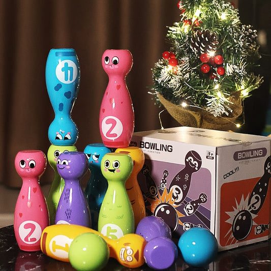 Toy bowling set with humorous faces, ideal for indoor and outdoor play, comes in a gift box with 10 pins and 2 balls.