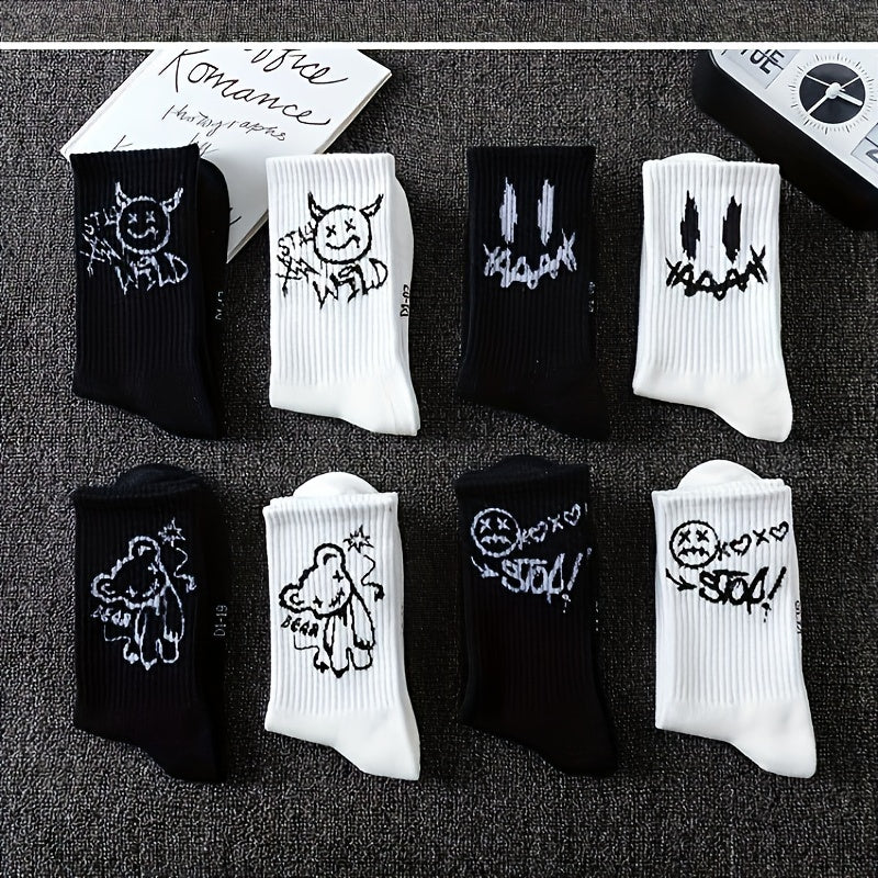 5 pairs of big size couple socks with funny faces, men's fun and cute compression socks made of polyester and spandex, machine washable, featuring geometric patterns in knitted fabric.