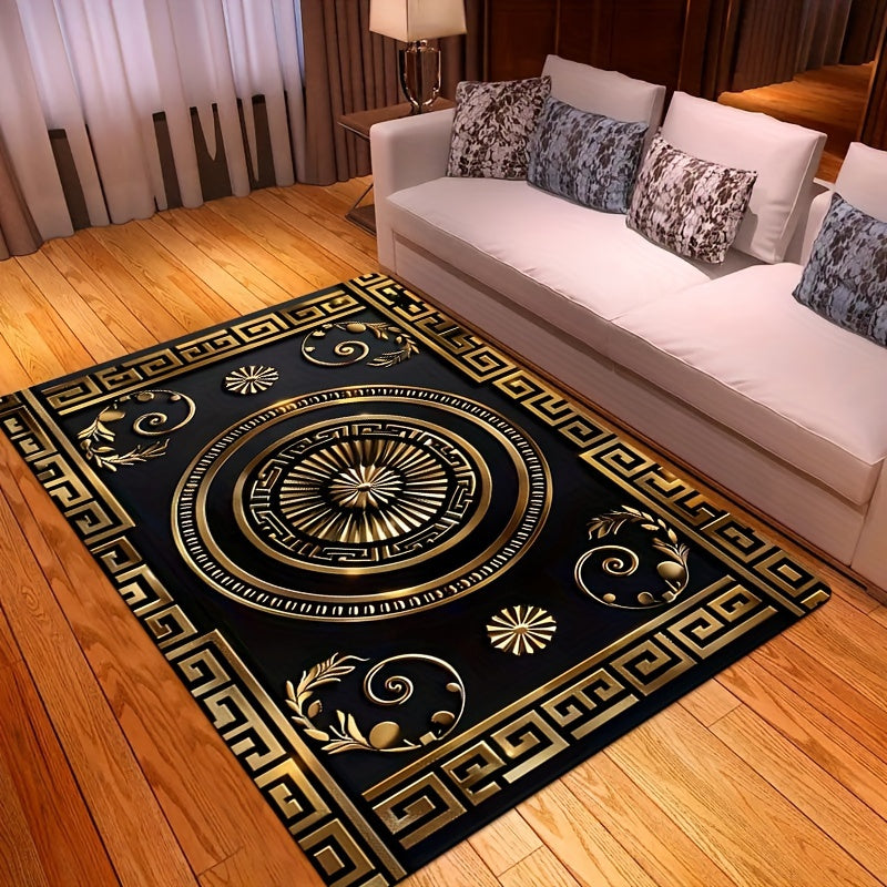 Luxurious Black and Golden Patterned Rectangle Carpet, perfect for the Kitchen, Living Room, Bedroom, or as an Indoor Door Mat. This soft and thickened carpet can be machine washed and used as a decorative piece in any indoor space.