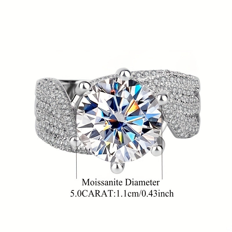 Elegant and Timeless: Sterling Silver Wide Ring Embellished with Shiny 5ct Moissanite, a Beautiful Addition for Formal Events and Special Occasions, Ideal Gift for Women.