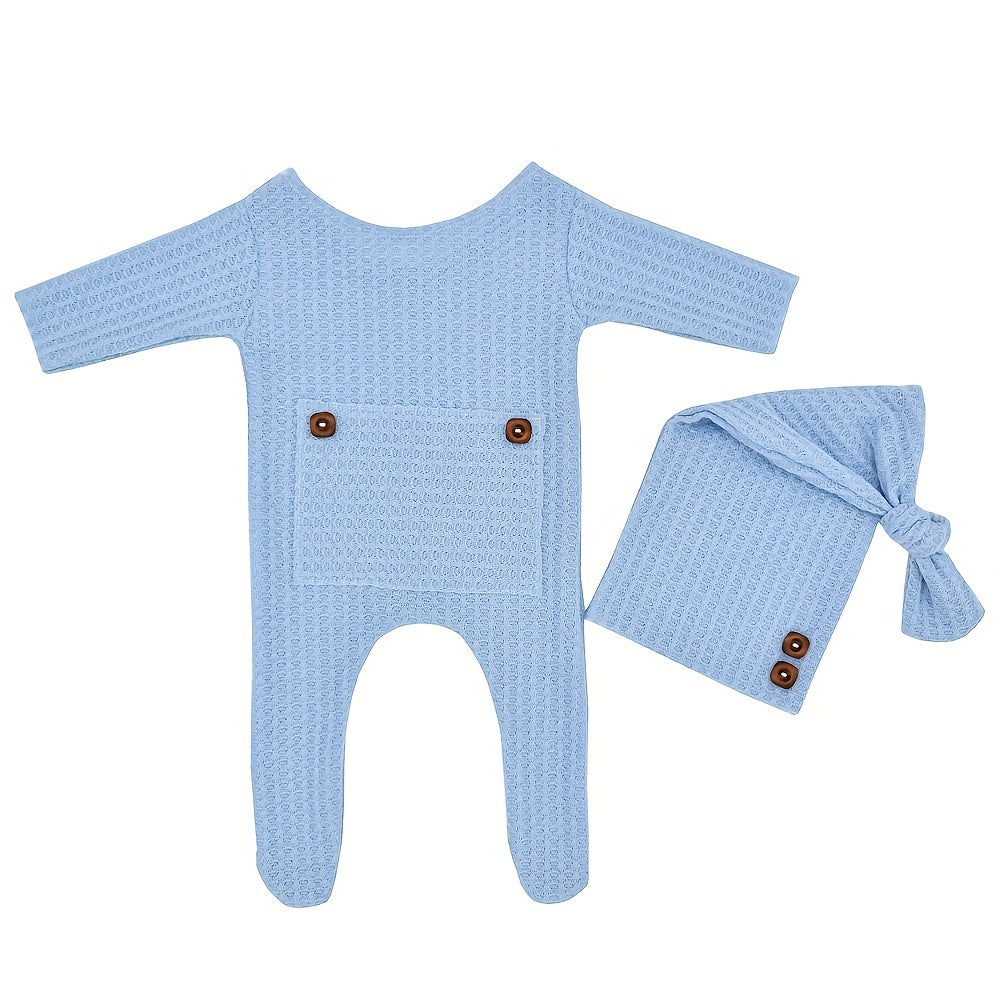 Newborn baby boy clothes set including a long sleeve knitted romper bodysuit, beanie cap, perfect for photography props and toddler photo shooting outfits. Great as a gift for Christmas, Halloween, or Thanksgiving Day.