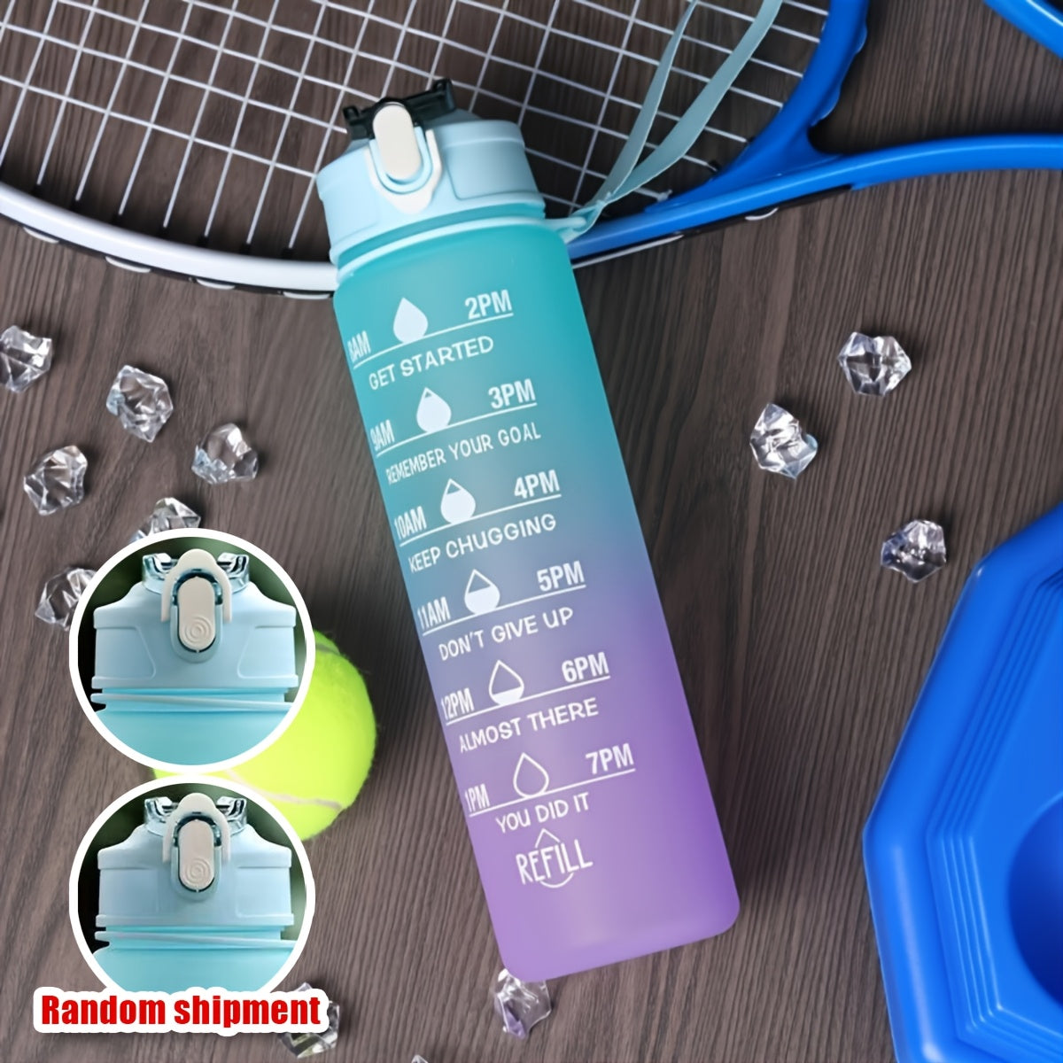 Motivational gradient water bottle with straw, time marker, and carrying strap - BPA-free, leakproof sports cup for fitness activities.