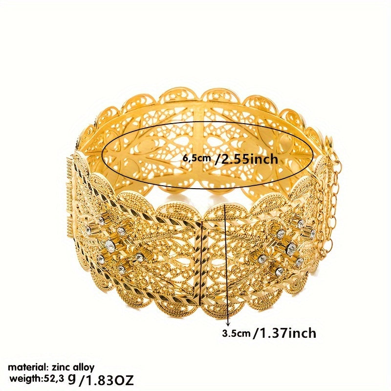 Exquisite Vintage-Inspired Bridal Bangle in Gold Plating with Intricate Hollow Carved Design and Sparkling Cubic Zirconia Details - Ideal for Weddings and Formal Events