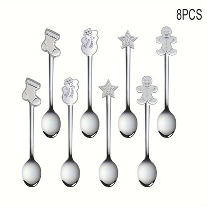 8-piece stainless steel mini spoon set with festive holiday designs for tea, coffee, desserts, and ice cream, perfect for use at home, restaurants, food trucks, cafes.