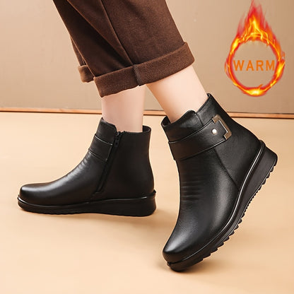 ZOLNEI Women's Winter Snow Boots feature a casual style with round toe, zipper closure, flat block heel, faux upper, warm fleece lining, and non-slip waterproof PU sole for all seasons.