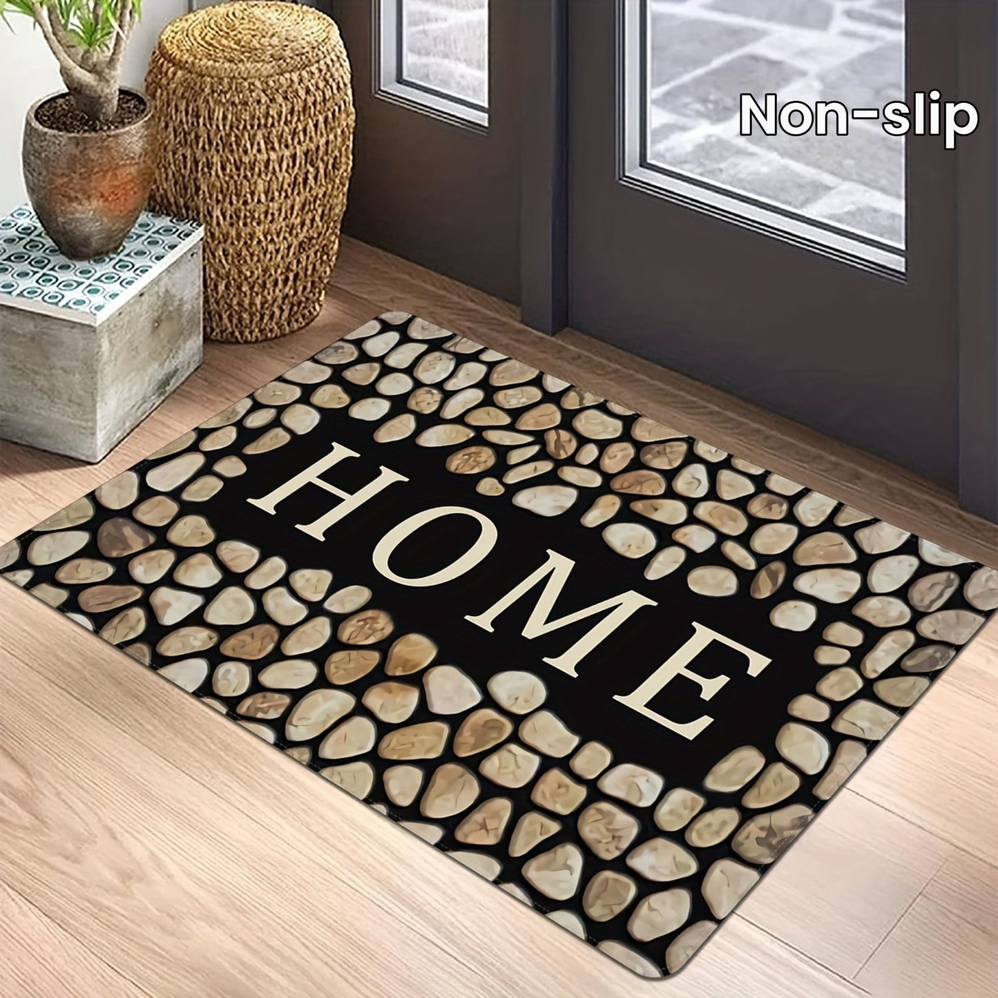 Pebble Letter Print 1PC Door Mat with Non-Slip Polyester Area Rug - Stain Resistant, Washable, Perfect for Laundry Room, Kitchen, or Guest Room Decor