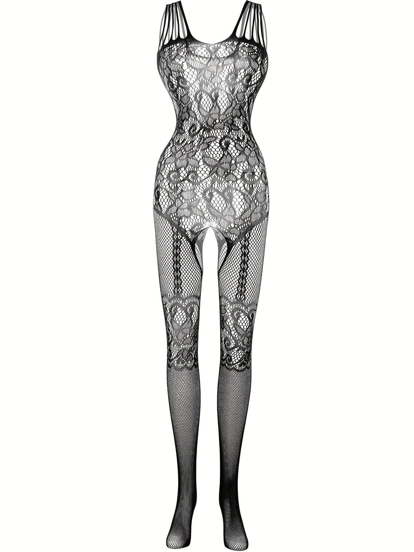 Set of 4 sexy fishnet bodystockings with open crotch and jacquard design for women's lingerie.