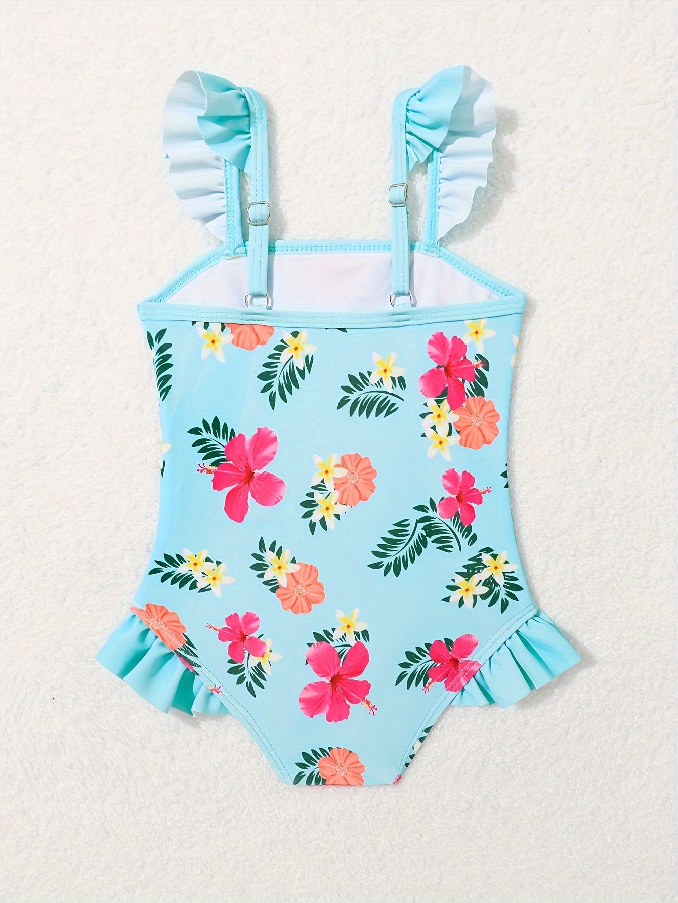 Adorable pineapple pattern one-piece girls' swimsuit in quick-dry, stretchy polyester with ruffle detail, off-shoulder design for toddlers.