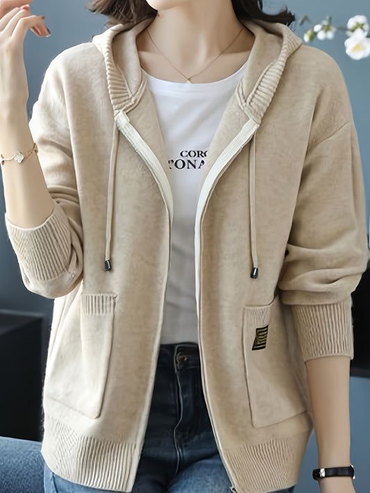 Women's Fashion Zip-Up Hooded Cardigan Sweater - Solid Color, Polyester and Acrylic Blend, Ideal for Spring/Fall/Autumn, Open Front.