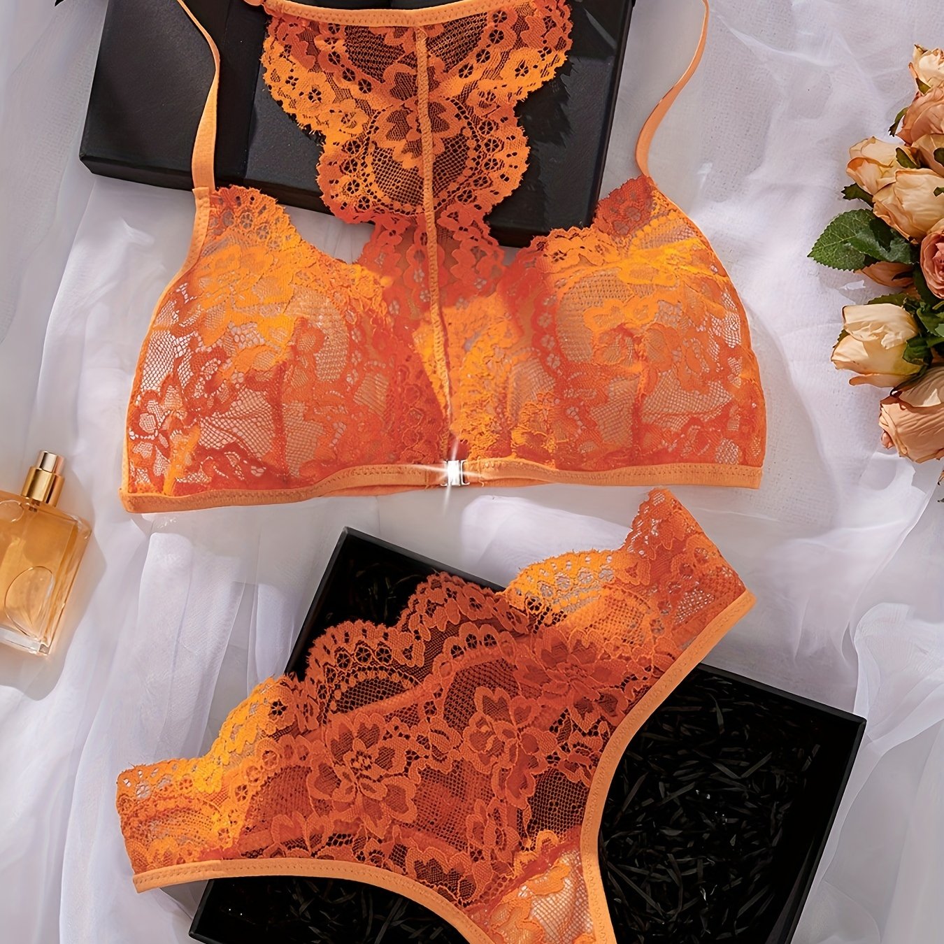 Floral lace cami bra and panties set for women's lingerie.