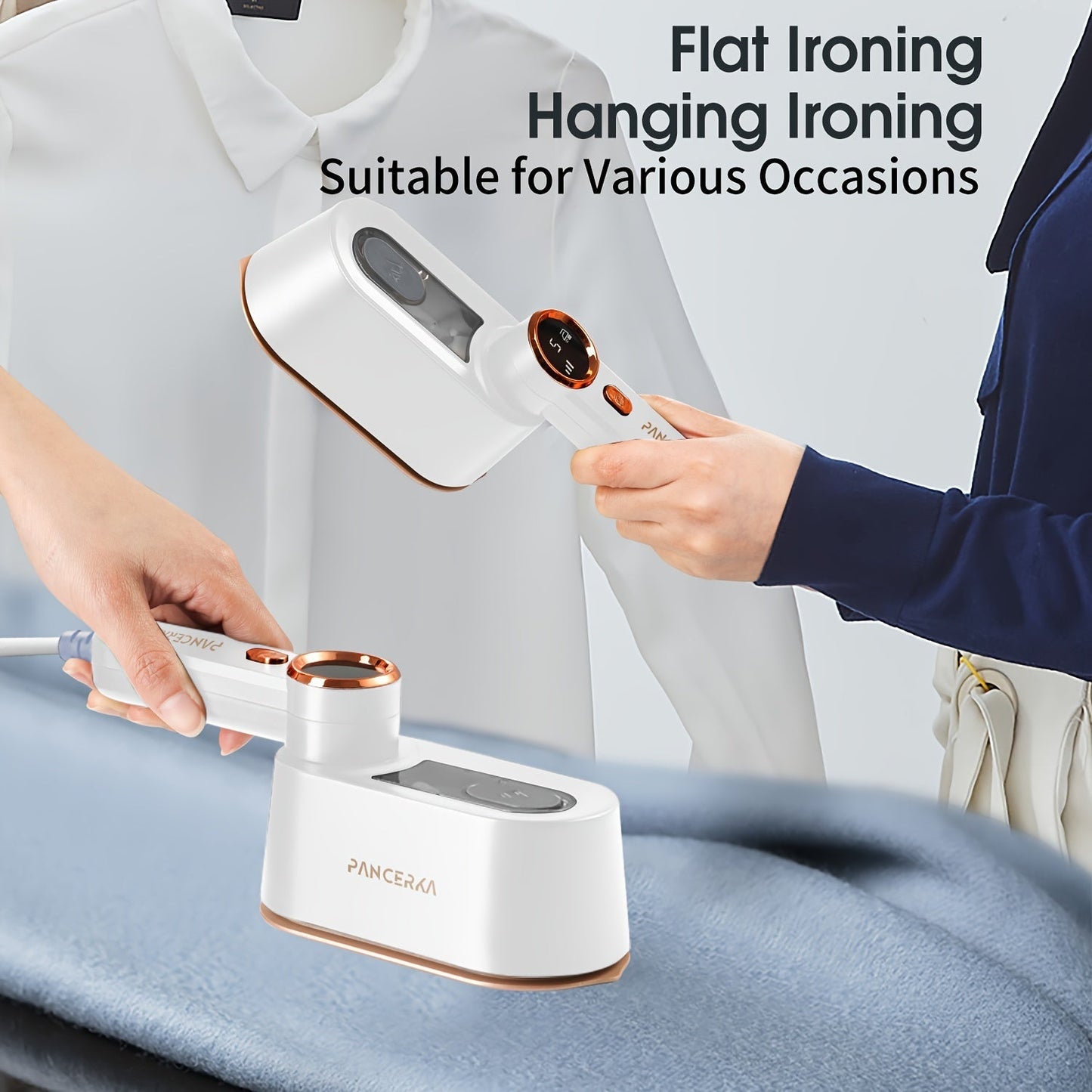 1 piece of 2-in-1 Handheld Garment Steamer Iron with a 1050W power, large soleplate, LED display, and 3 adjustable steam levels. Made of metal and plastic, this fabric wrinkle remover is travel-ready with a 220-240V EU plug.