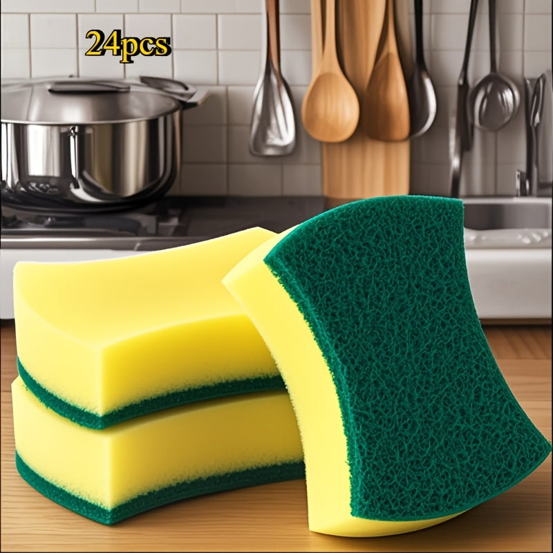 10/12/24pcs Double-sided Polyurethane Dishwashing Sponge Wipe, Yellow-green Strong Decontamination Wipe for Kitchen, Outdoor, Patio, and Furniture