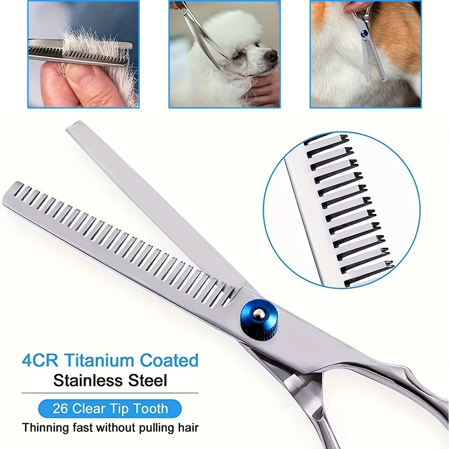 Pet grooming set includes blue trimming scissors, professional grooming scissors, curved scissors and combs, all made of stainless steel for dogs.