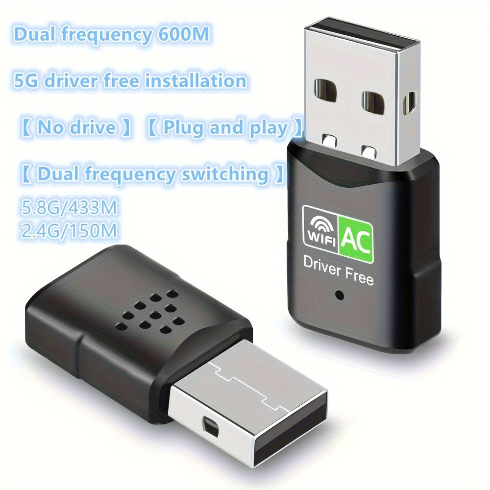 USB tarmoq adapteri, ikki diapazonli 600Mbps simsiz tarmoq kartasi, drayversiz ulash va o'ynash, XP/Win7/8/8.1/10/11 bilan mos keladi.