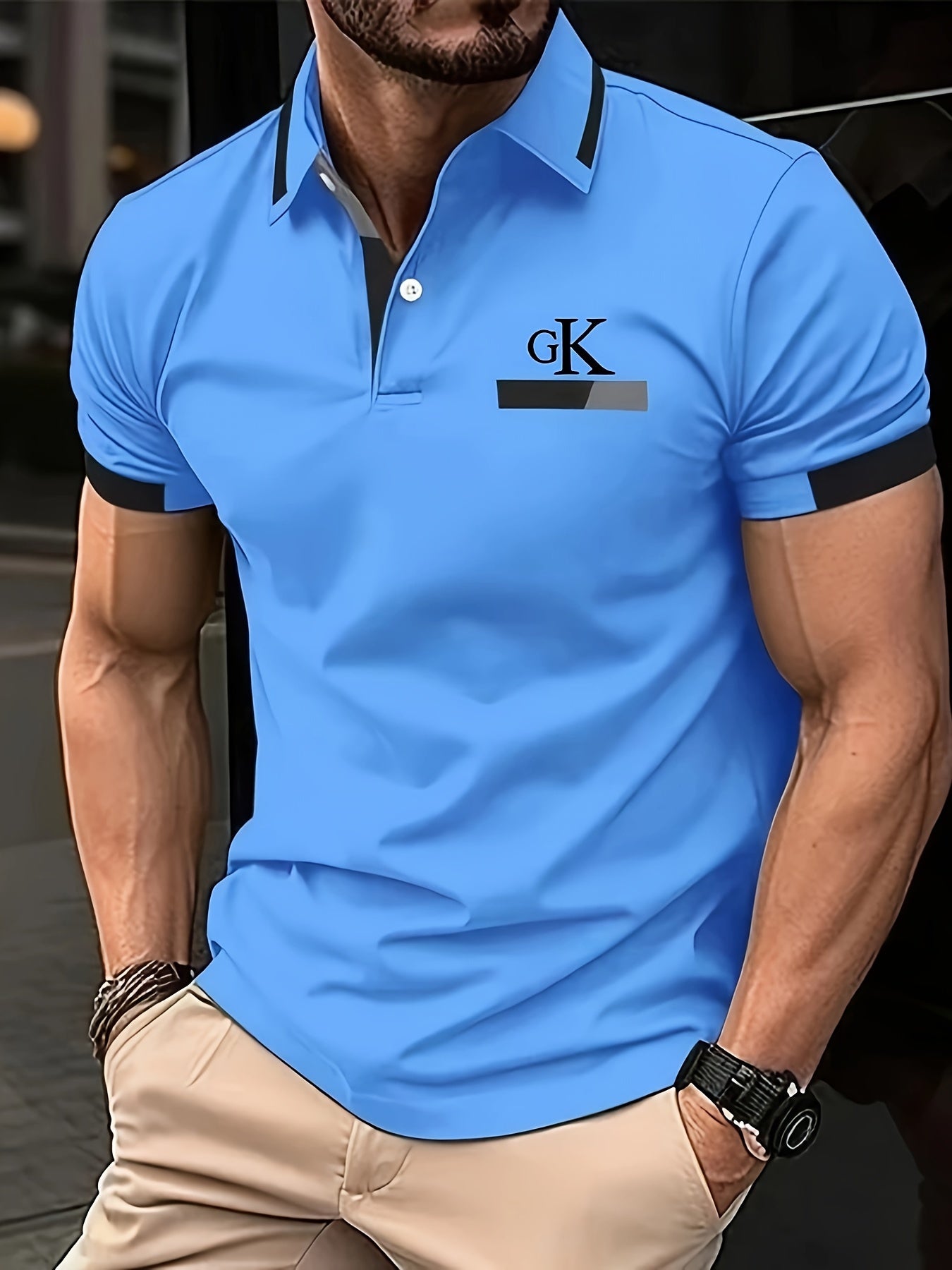 Men's summer fashion shirt with short sleeves, button detail, solid color, icon print, and breathable polyester fabric.