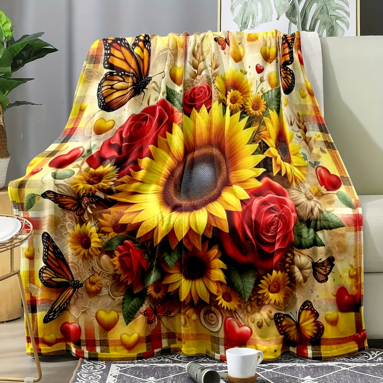 This versatile Sunflower and Butterfly Print Flannel Fleece Throw Blanket is the perfect addition to your home decor. With its reversible design, tear-resistant construction, and all-season functionality, this blanket combines contemporary style with