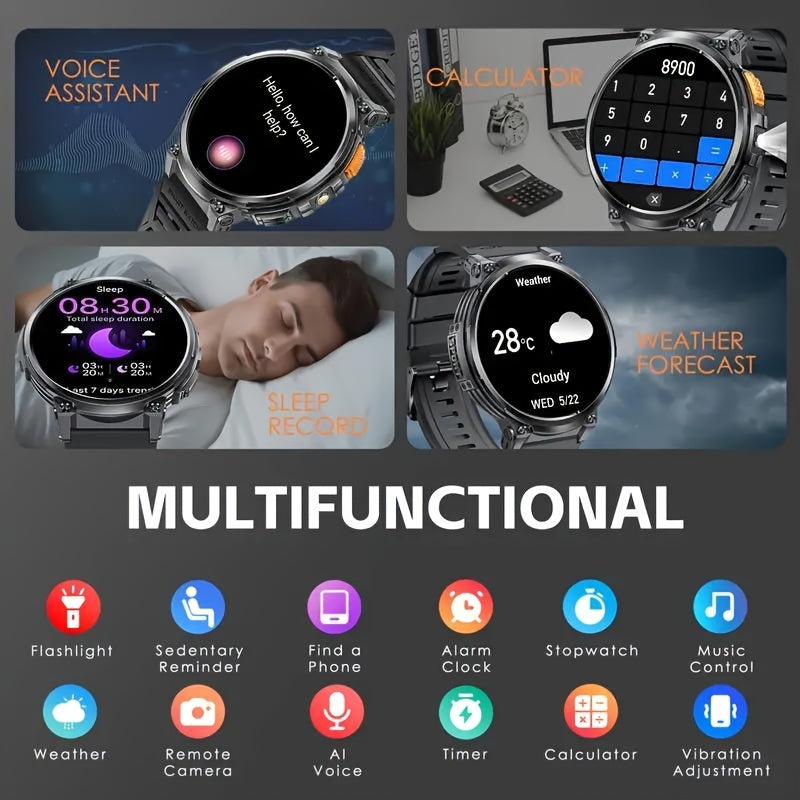 Men's Smartwatch with HD 4.7cm Display for Wireless Calling, Music, Weather Updates, LED Flashlight, Sports Tracking. Perfect for iPhone and Android. Great Gift Idea.