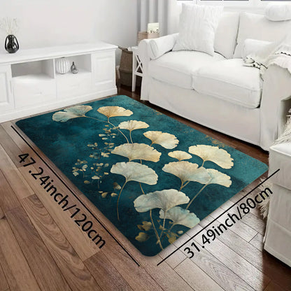 This retro-style Ginkgo Leaf pattern floor mat is 8mm thick and made from soft, high-quality material. It is suitable for use in the kitchen, living room, or bedroom. This durable mat is machine washable and can be used as an entrance door mat or