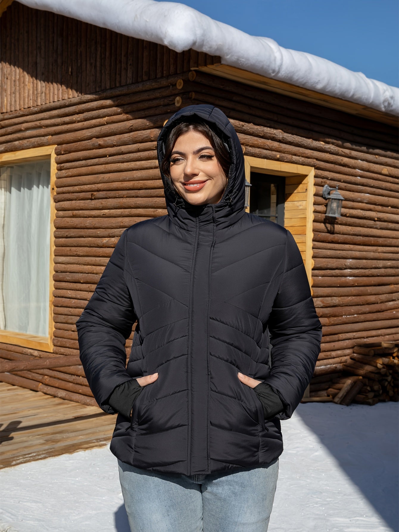 Plus size women's hooded jacket made of 100% polyester with solid color, perfect for fall/winter. Features pockets and windproof design.