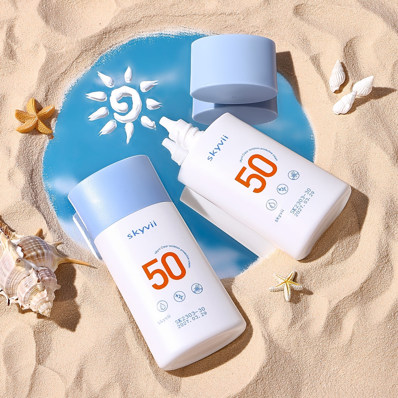 SPF50+ Sunscreen Cream with hydrating isolation for daily protection. Non-greasy matte finish, primer base with light cream texture.