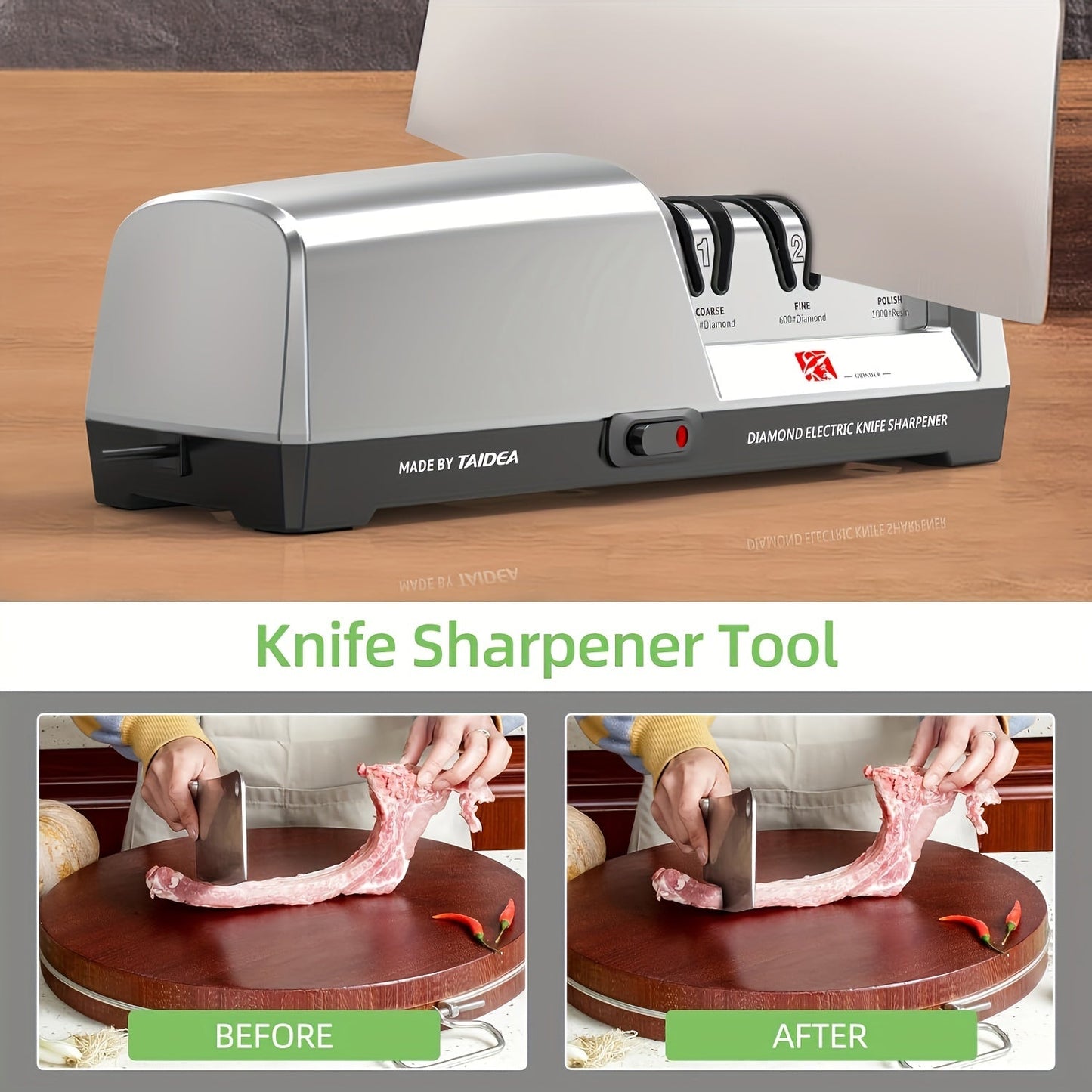 The GRINDER Professional Electric Knife Sharpener is equipped with a 3-Stage Diamond & Ceramic Sharpening System and Precision Angle Guide for use in both kitchens and restaurants. This plug-in sharpener features a fine grit for optimal results and is