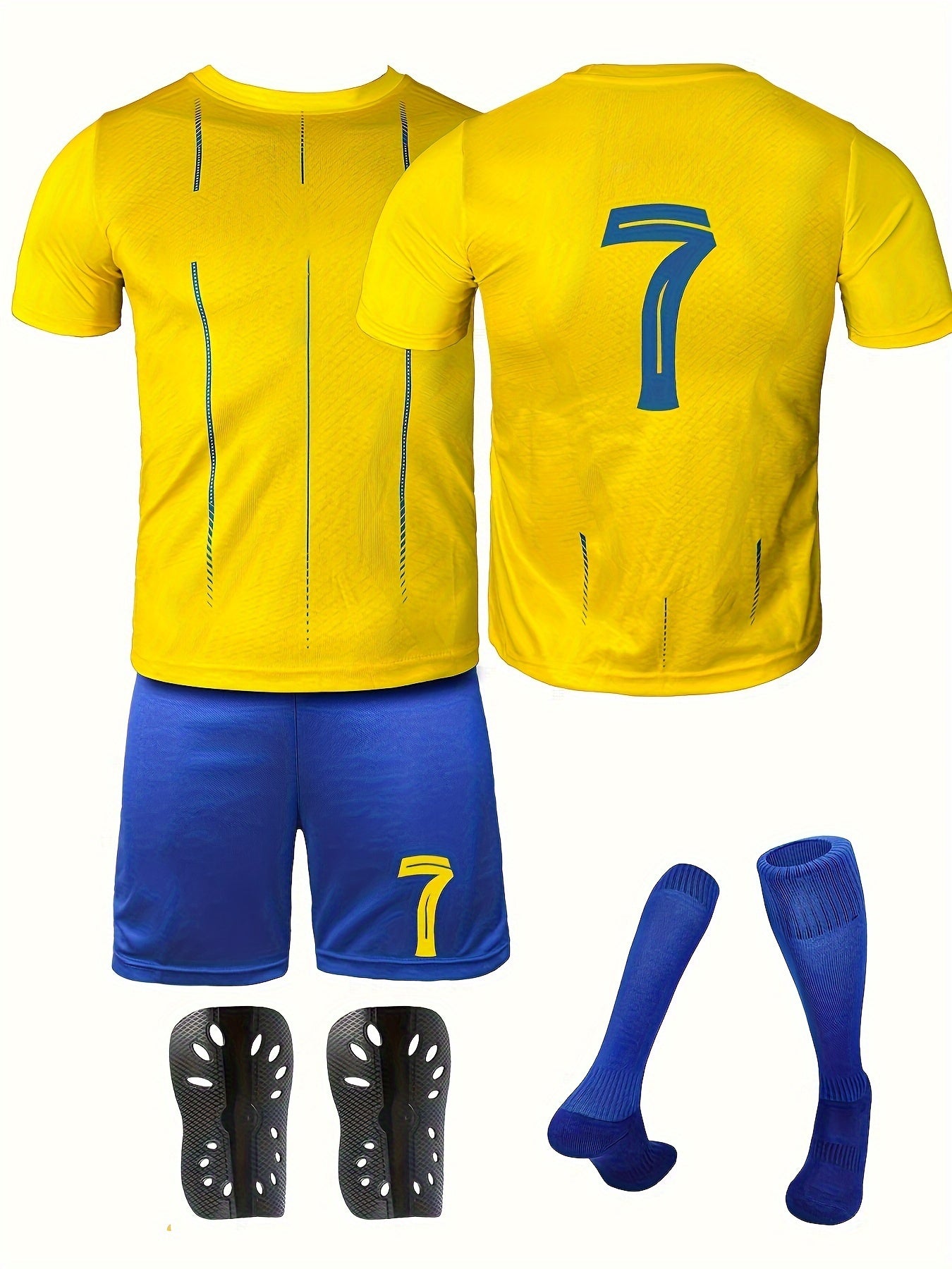 Youth soccer jersey set in vibrant yellow and blue includes shirt, shorts, and socks featuring #7. Made of durable polyester, machine washable for year-round play.