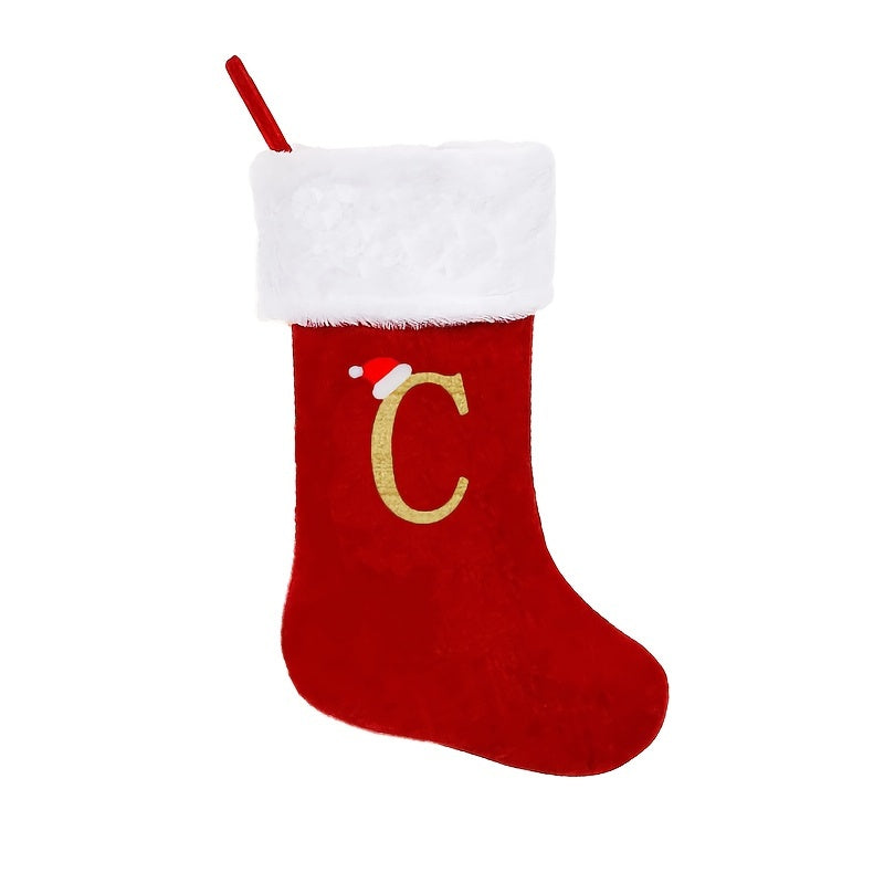 1pc Red Velvet Christmas Stocking with White Soft Cuff, Embroidered Xmas Decorations for Family Holiday Season