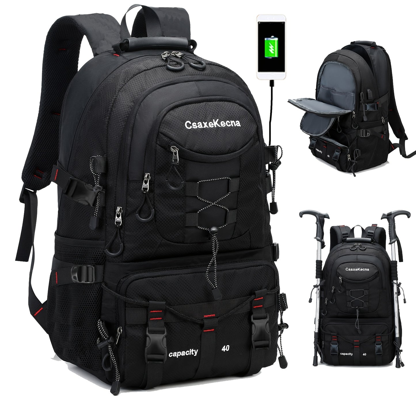 Durable polyester backpack with USB charging port, fits 17-inch laptop, ideal for hiking, camping, and travel.