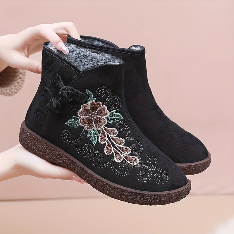 Women's Winter Warm Fleece-Lined Ankle Boots with Chinese Style, Round Toe, Buckle Closure, Floral Pattern, Fabric Upper, Faux Sole/Insole.