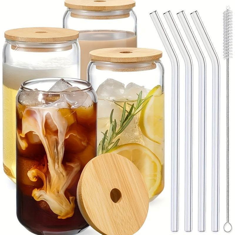 Glass cup designed for iced coffee, beer, and tea. Comes with lid, straw, and straw brush. Made of high borosilicate glass in various sizes. Also suitable for juice, cola, and milk. Includes wooden lid for school supplies.