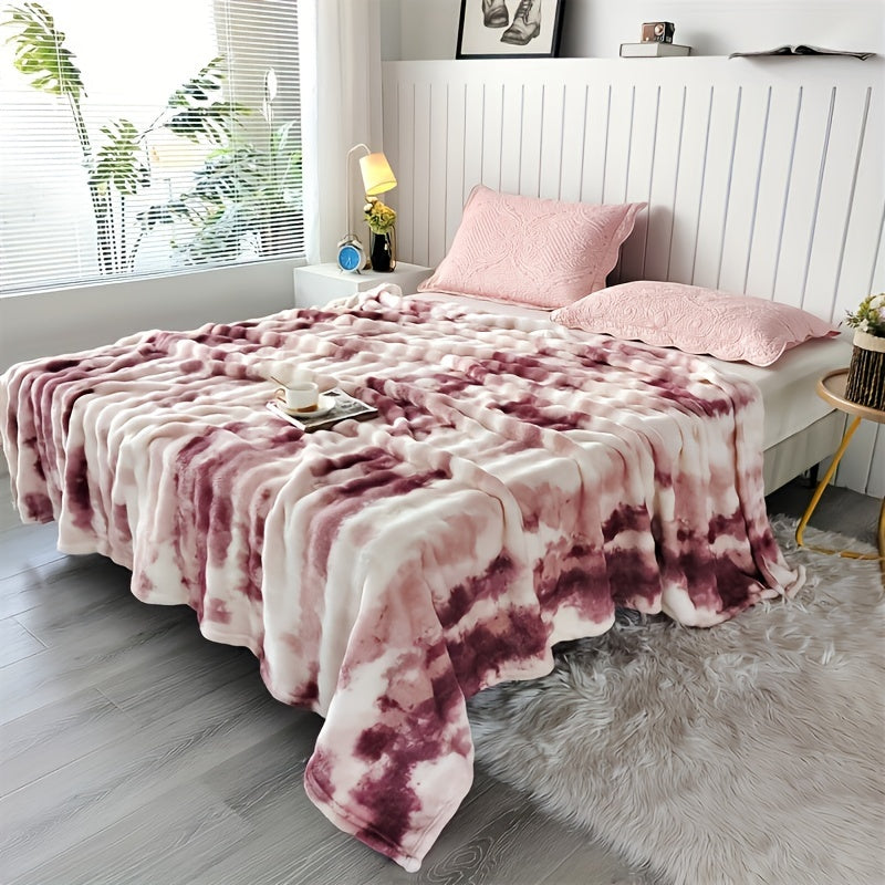 Modern soft faux rabbit fur bed blanket with a tie-dye plush flannel design, featuring a thick dual layer for ultimate coziness in all seasons. Made of machine washable polyester in a rainbow moire pattern, perfect for the sofa, living room, or bed.